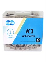 Цепь велосипедная KMC K1 Narrow Silver, для 1-ск. велосипедов, BMX, фиксов, 100 звеньев, 1/2"x3/32", серебристая